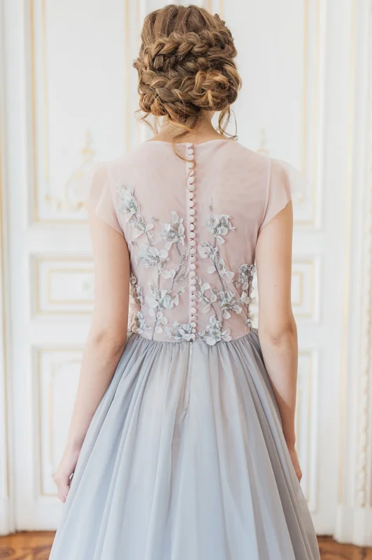 Grey Blue Lace Chiffon Bridal Gown Wedding Dress