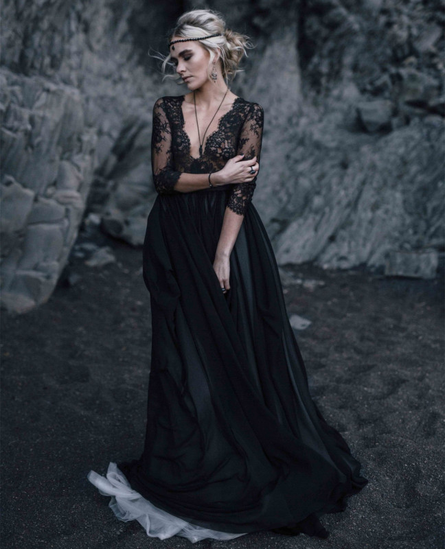 Black Lace Tulle Wedding Dress Bridal Gown Gothic Wedding Dress