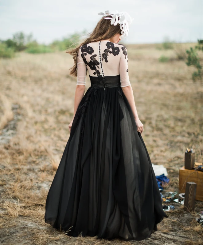 Black Lace Tulle Wedding Dress Bridal Gown Gothic Wedding Dress