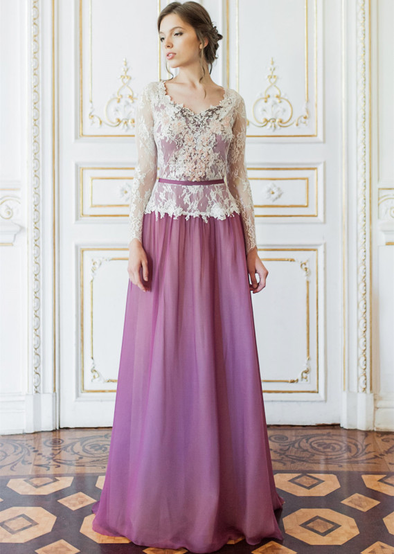 Long Sleeve Purple Chiffon Bridal Gown Wedding Dress