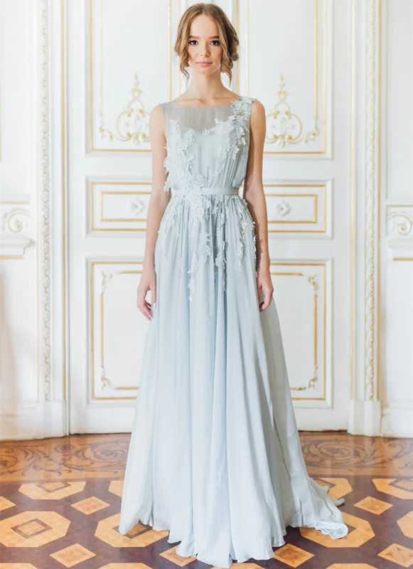 Grey Blue Lace Chiffon Bridal Gown Wedding Dress