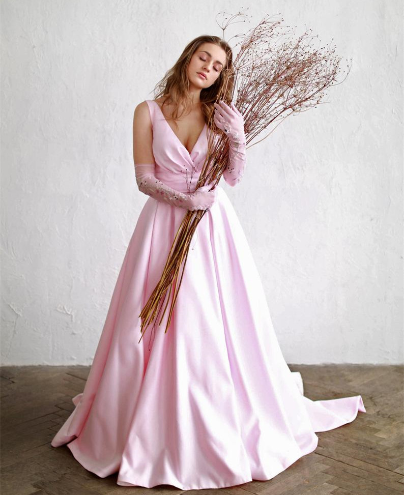Vback Pink Satin Bridal Gown Wedding Dress