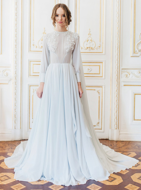 Light Blue Lace Chiffon Bridal Gown Wedding Dress