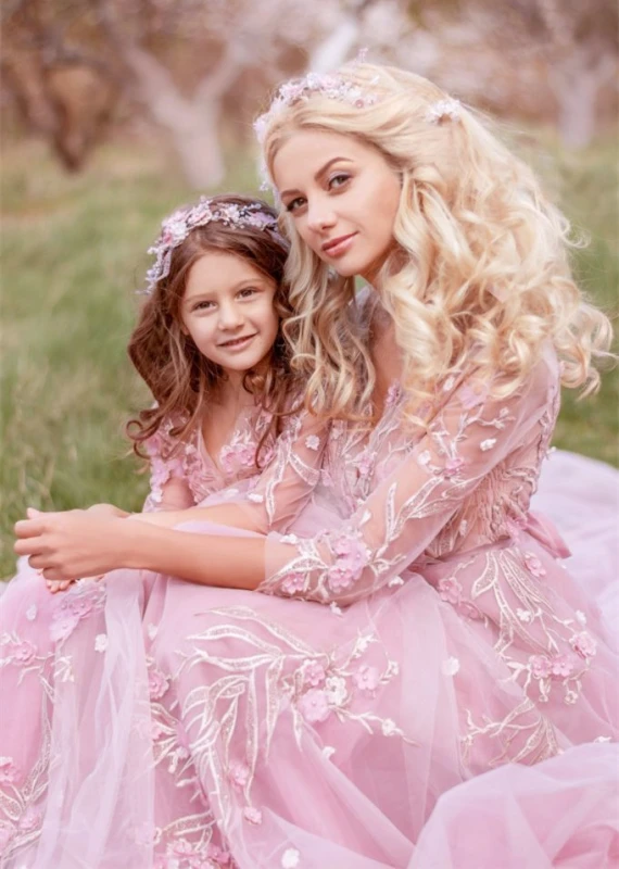 Rose Pink Prom Dress Mother and Kid Dress