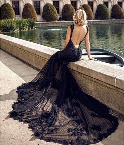 Vback Black Long Train  Skirt Prom Dress Bridal Gown Wedding Dress