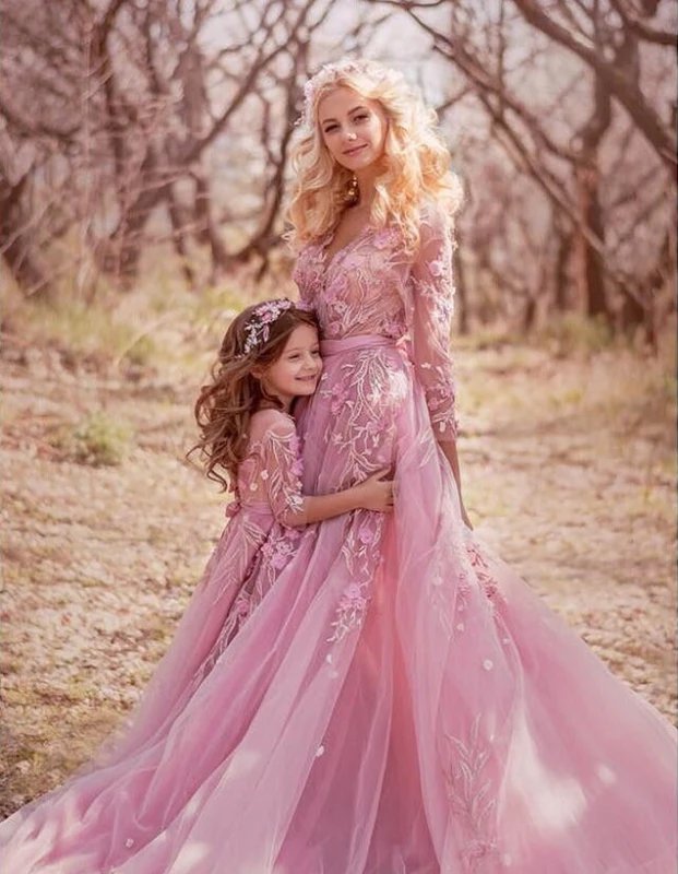 Rose Pink Prom Dress Mother and Kid Dress