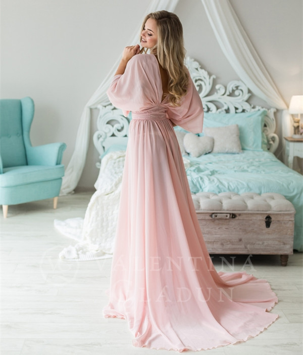 Long Sleeve Pink Chiffon Bridal Robe Bridal Sleepingwear