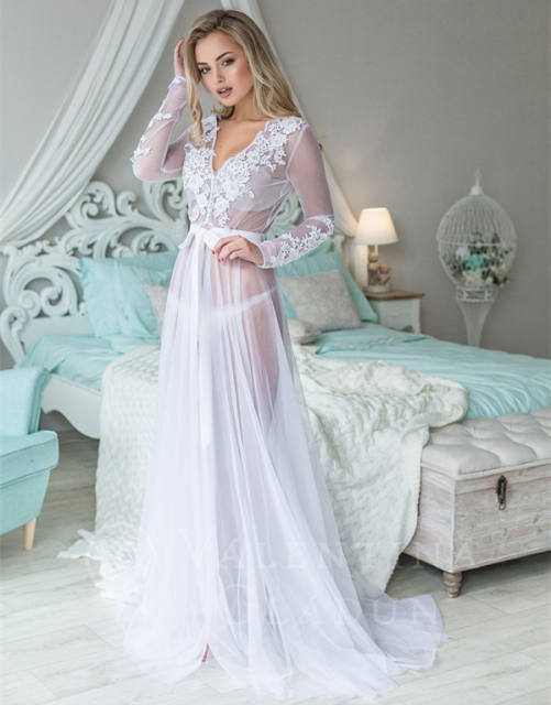 Long Sleeve Ivory Tulle Bridal Robe Bridal Sleepingwear