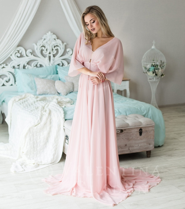 Long Sleeve Pink Chiffon Bridal Robe Bridal Sleepingwear