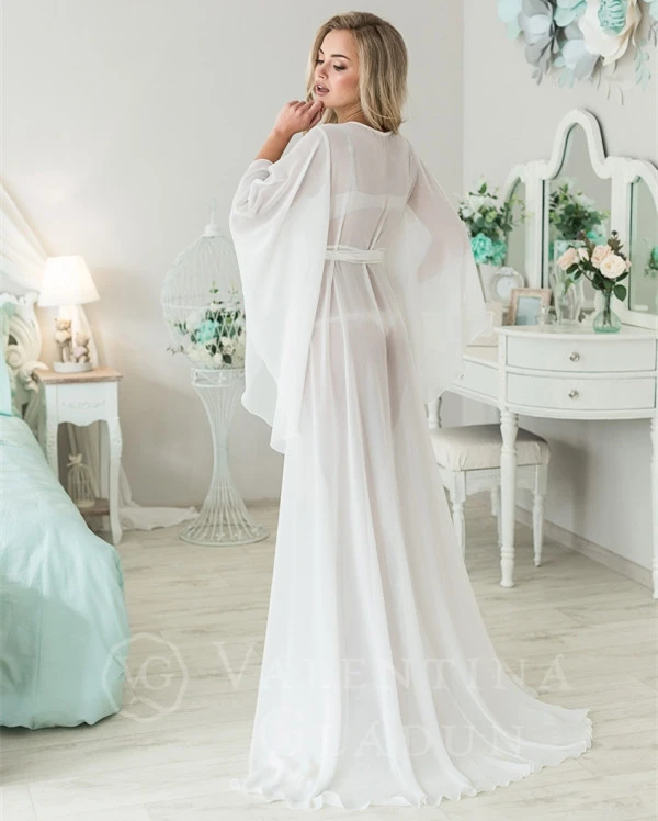 Long Sleeve Ivory Chiffon Bridal Robe Bridal Sleepingwear