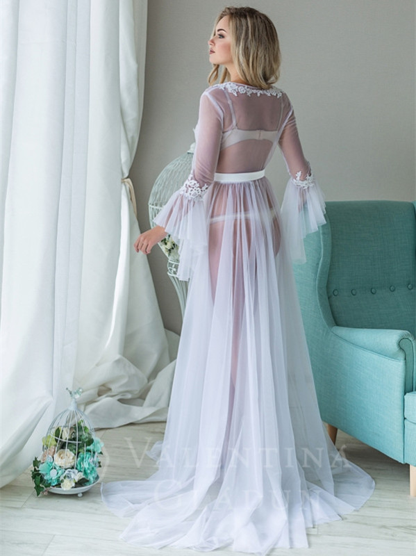 Long Sleeve Ivory Tulle Bridal Robe Bridal Sleepingwear