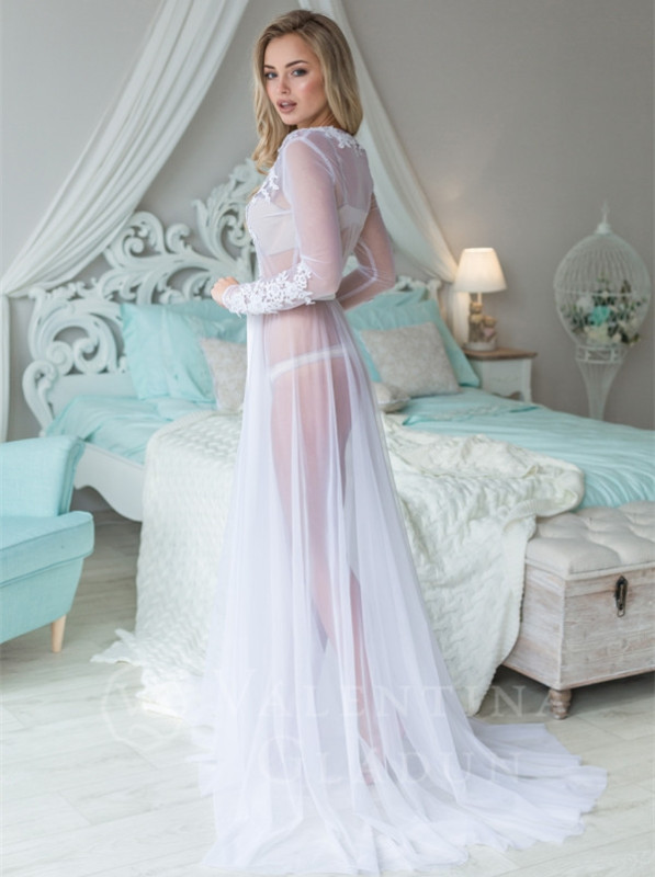 Long Sleeve Ivory Tulle Bridal Robe Bridal Sleepingwear