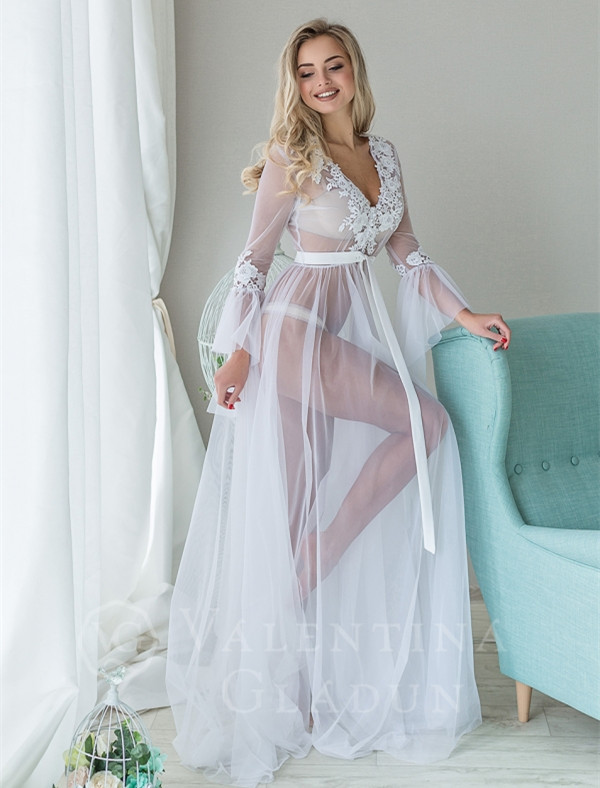 Long Sleeve Ivory Tulle Bridal Robe Bridal Sleepingwear