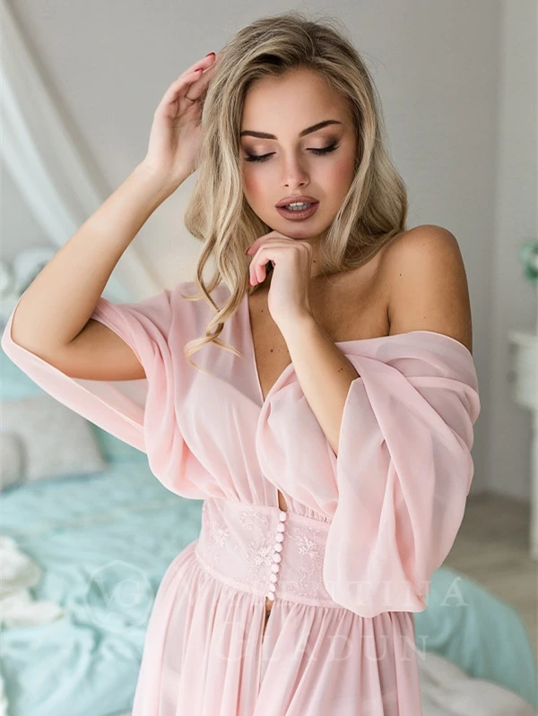 Long Sleeve Pink Chiffon Bridal Robe Bridal Sleepingwear