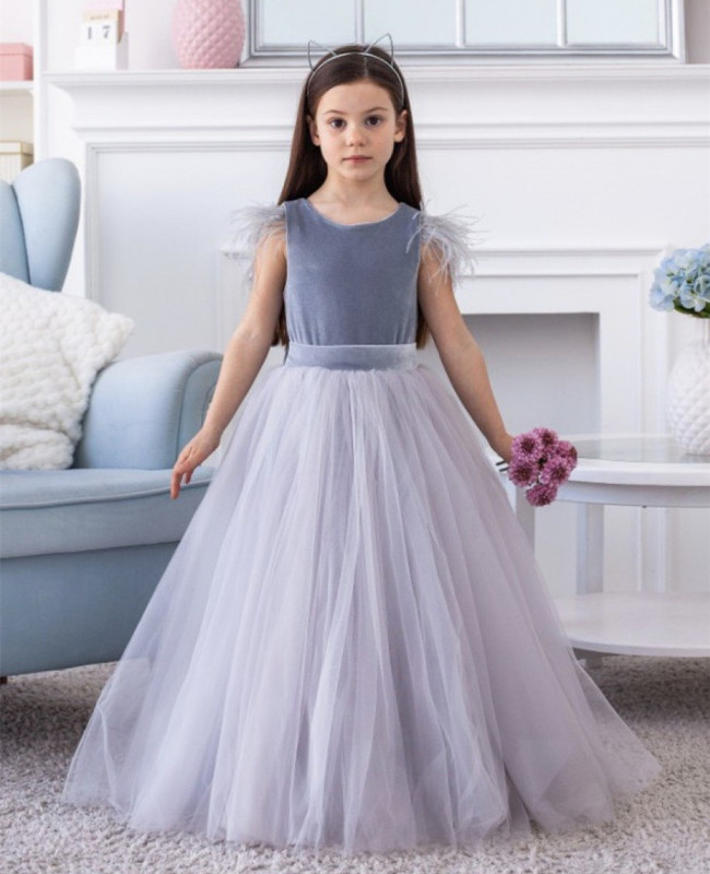 Grey Velvet Tulle Full Length Flower Girl Dress Party Dress