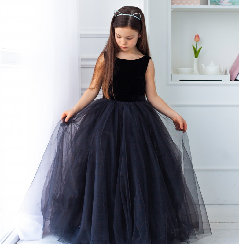 Navy Blue Velvet Tulle Full  Length Flower Girl Dress Party Dress