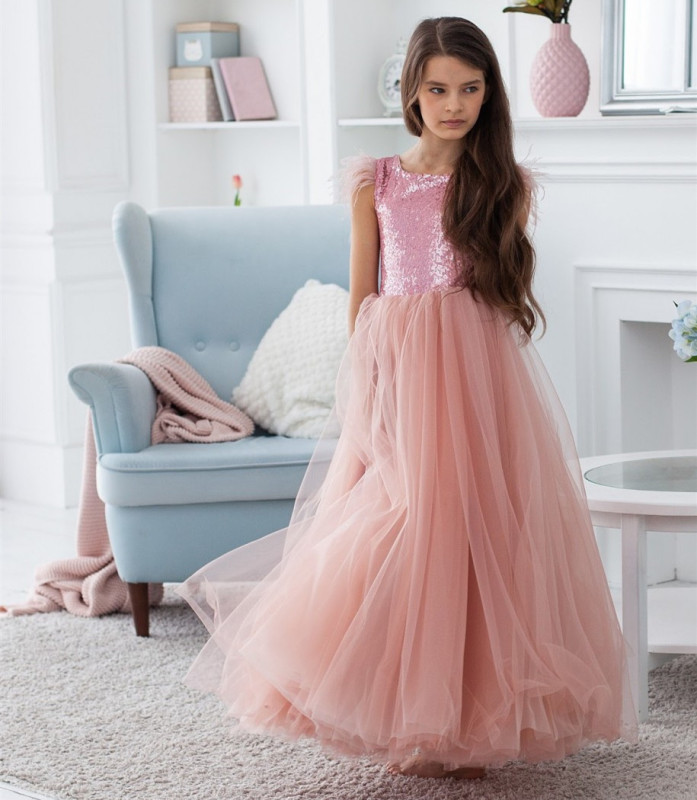 Pink Sequin Tulle Full Length Flower Girl Dress Party Dress