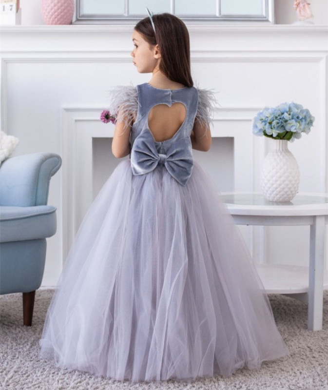 Grey Velvet Tulle Full Length Flower Girl Dress Party Dress