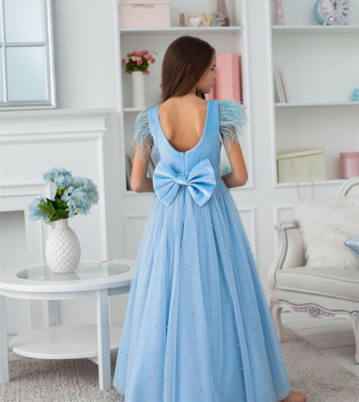 Blue Velvet Tulle Full Length Flower Girl Dress Party Dress