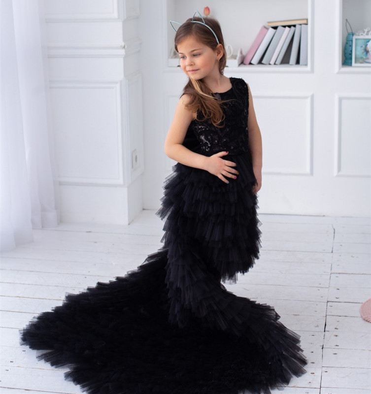 Black Sequin Tulle High Low Flower Girl Dress Party Dress