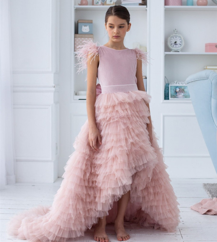 Pink Velvet Tulle High Low Flower Girl Dress Party Dress