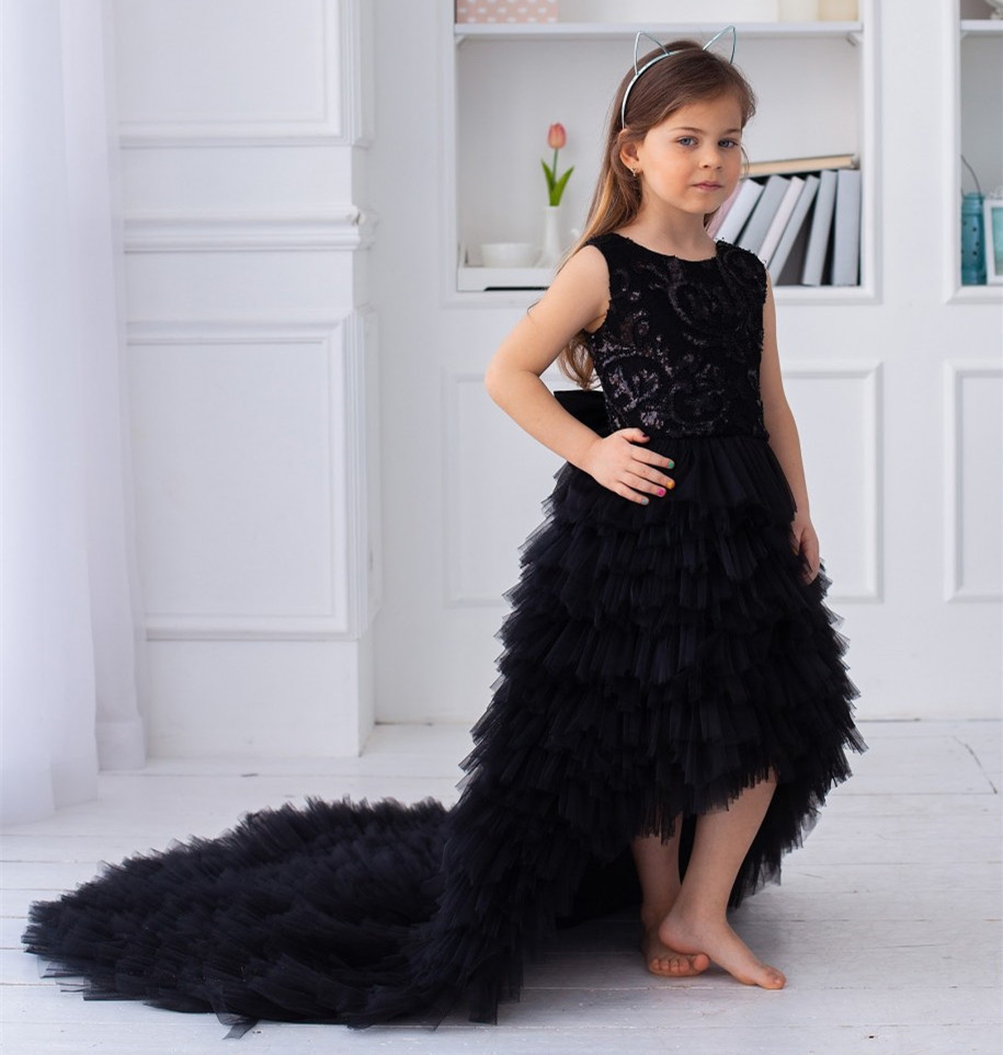 Black Sequin Tulle High Low Flower Girl Dress Party Dress