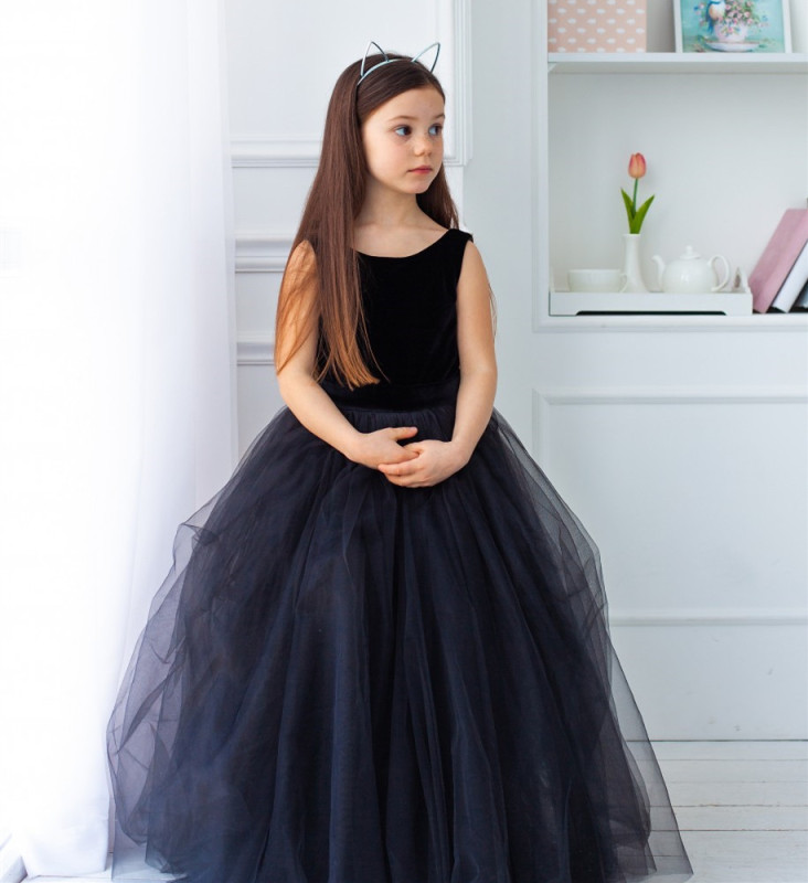 Navy Blue Velvet Tulle Full  Length Flower Girl Dress Party Dress