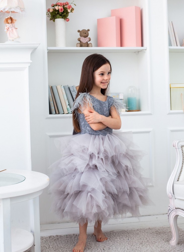 Grey Beaded Tulle Tea Length Flower Girl Dress Party Dress