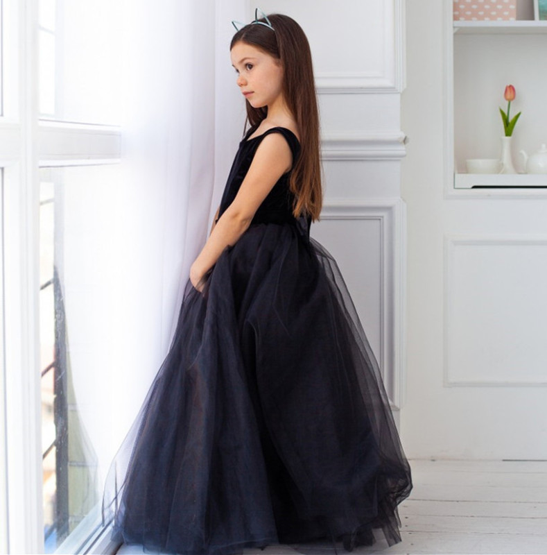 Navy Blue Velvet Tulle Full  Length Flower Girl Dress Party Dress