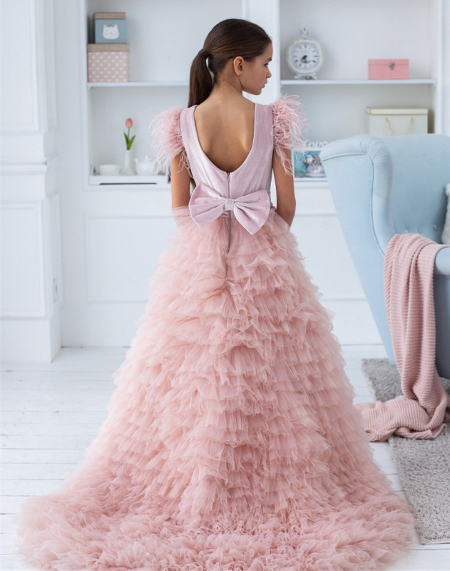 Pink Velvet Tulle High Low Flower Girl Dress Party Dress