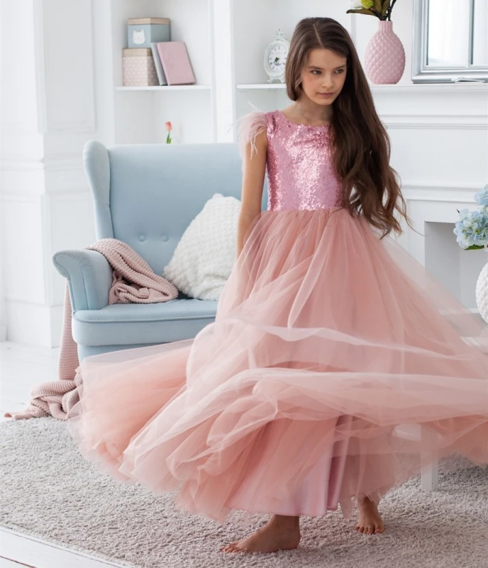 Pink Sequin Tulle Full Length Flower Girl Dress Party Dress