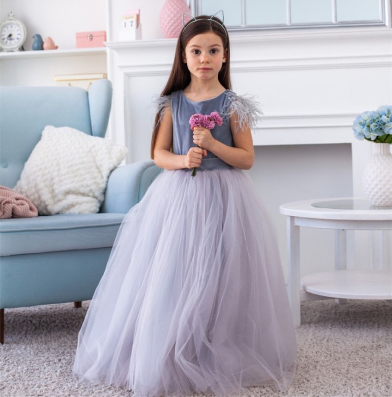 Grey Velvet Tulle Full Length Flower Girl Dress Party Dress