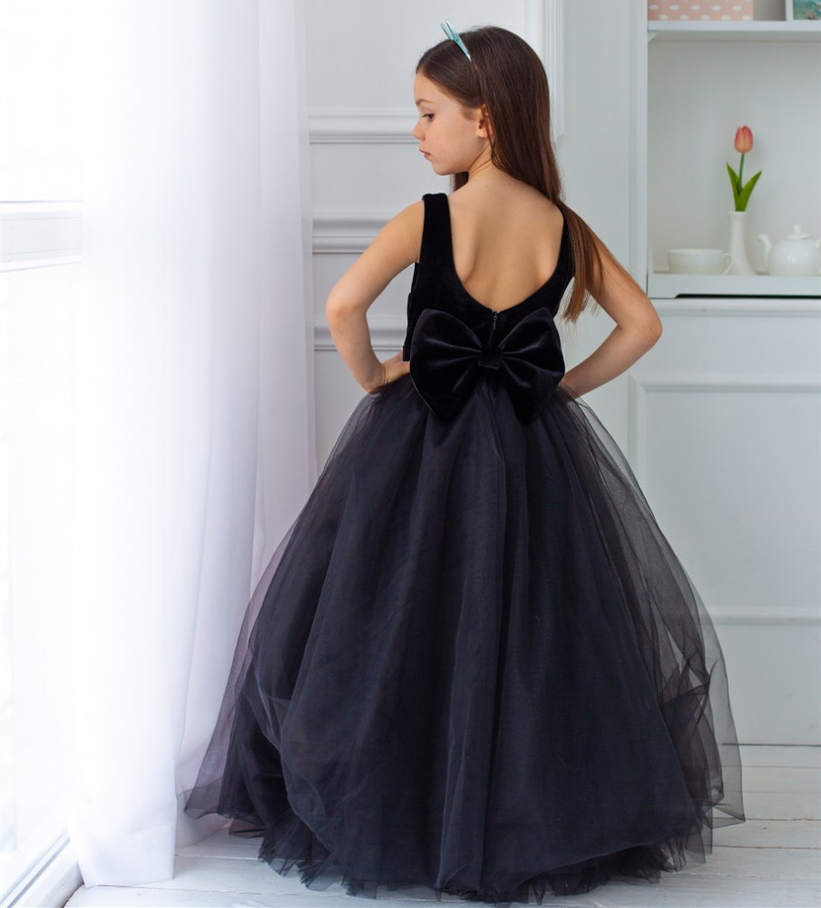 Navy Blue Velvet Tulle Full  Length Flower Girl Dress Party Dress