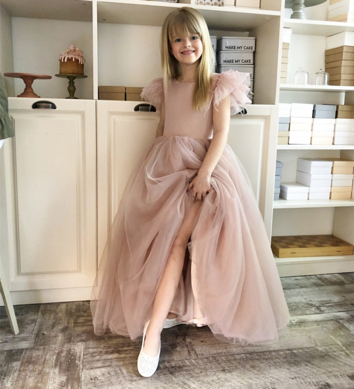 Pink Taffeta Tulle Full Length Flower Girl Dress Party Dress