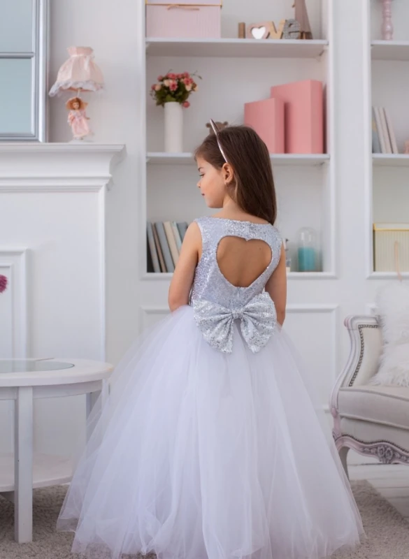 Ivory Sequin Tulle Full Length Flower Girl Dress Party Dress