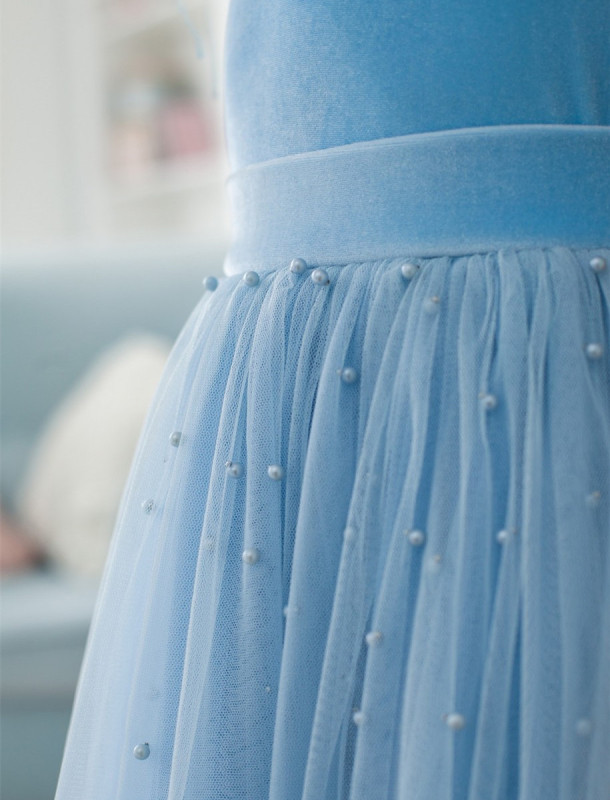 Blue Velvet Tulle Full Length Flower Girl Dress Party Dress