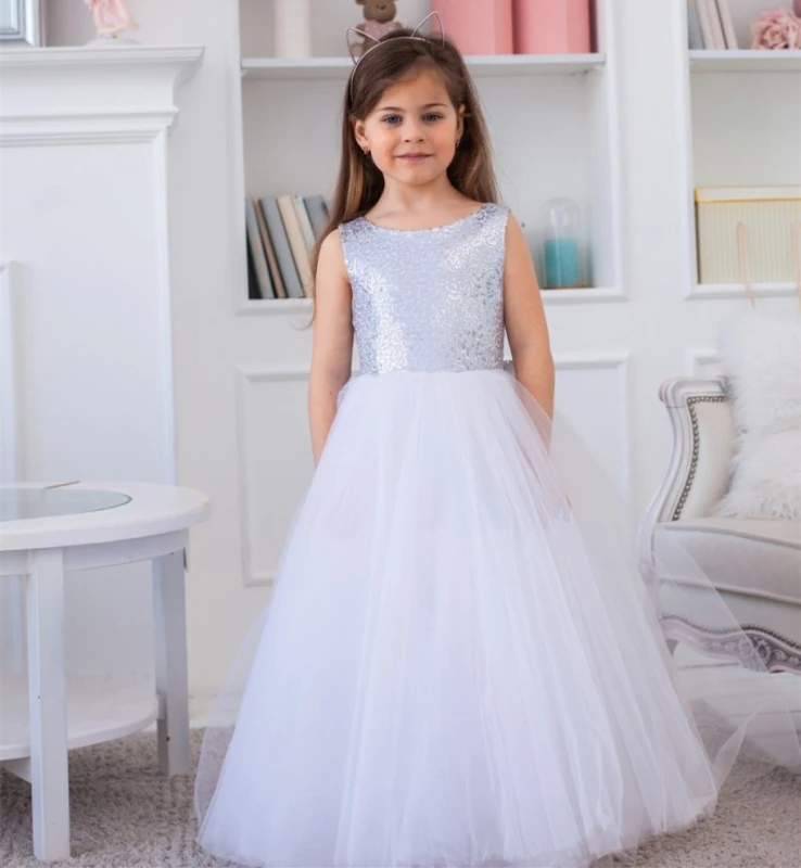 Ivory Sequin Tulle Full Length Flower Girl Dress Party Dress