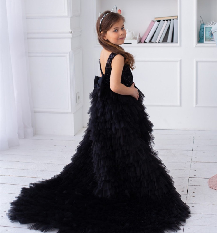 Black Sequin Tulle High Low Flower Girl Dress Party Dress