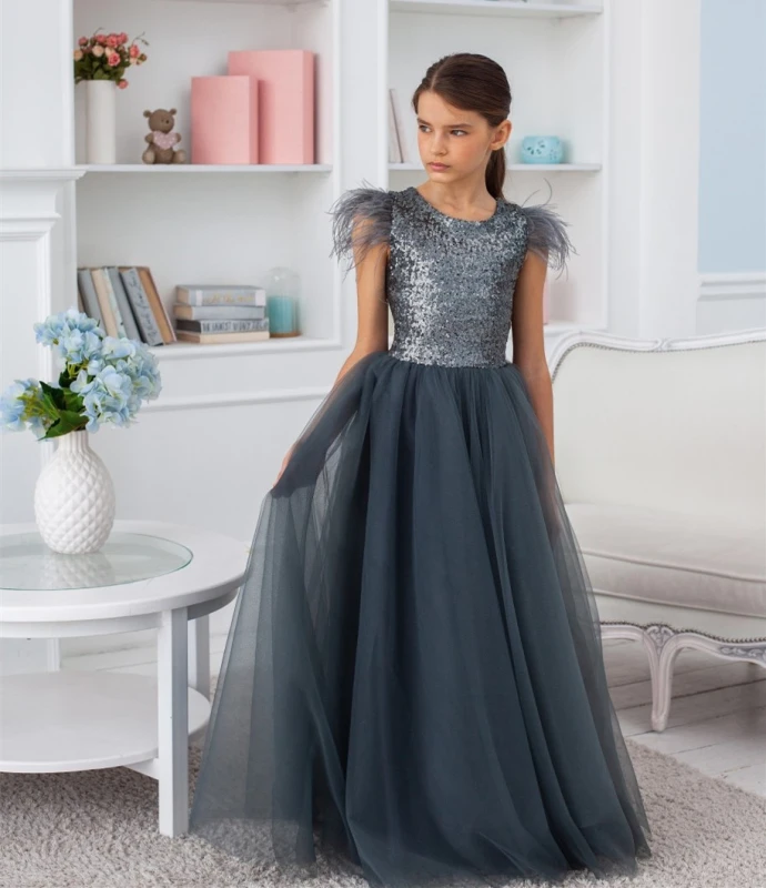 Navy Blue Sequin Tulle Full  Length Flower Girl Dress Party Dress