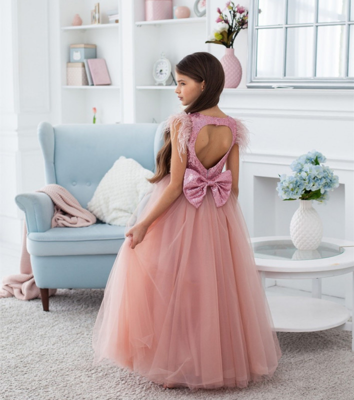 Pink Sequin Tulle Full Length Flower Girl Dress Party Dress
