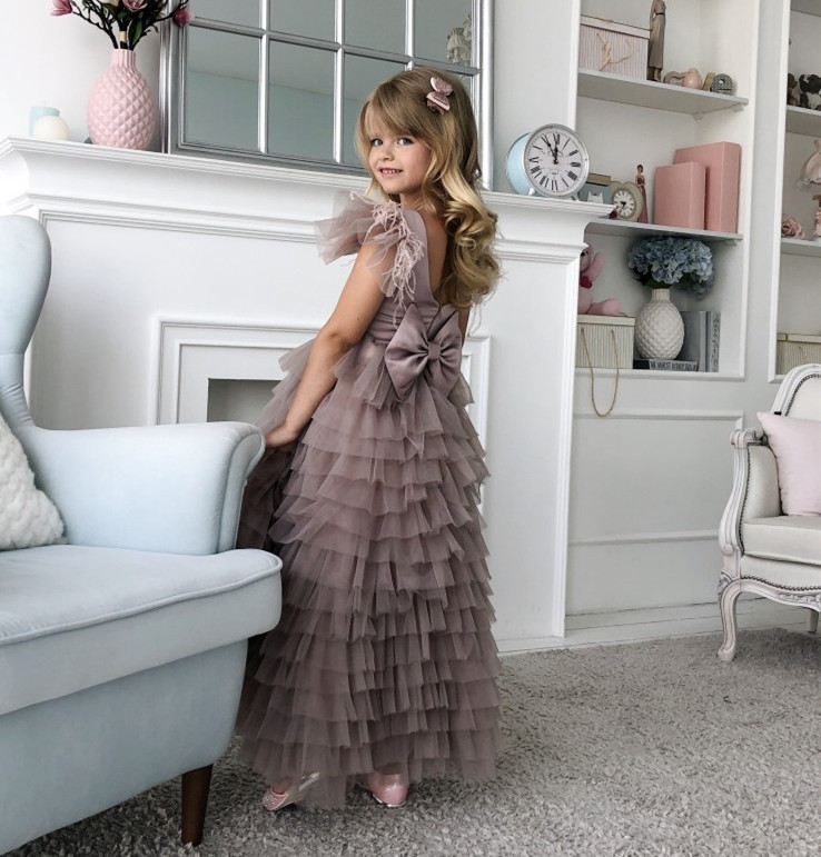 Grey Tulle High Low Flower Girl Dress Party Dress