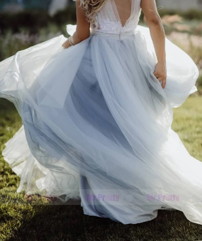 Grey Blue Long Train Tulle  Long Train Skirt Bridal Gown