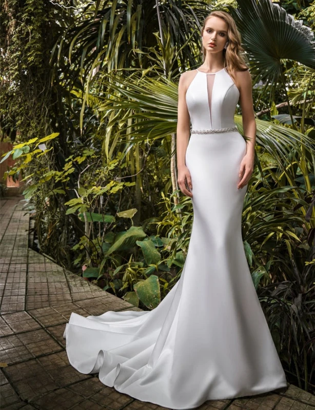 Ivory Mermaid Satin Bridal Gown Cathedral Wedding Dress