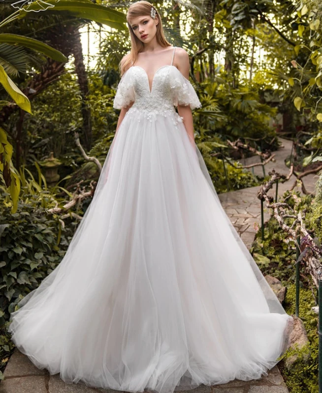Ivory Lace Tulle Off Shoulder Bridal Gown Cathedral Wedding Dress