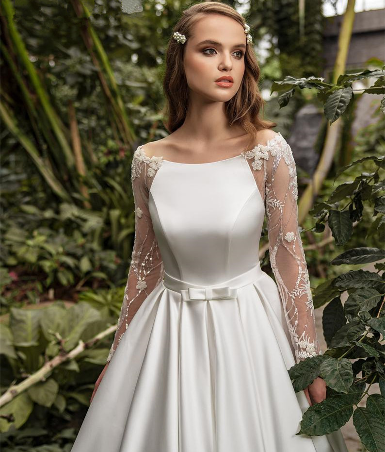 Long Sleeve Ivory Lace Satin Bridal Gown Cathedral Wedding Dress
