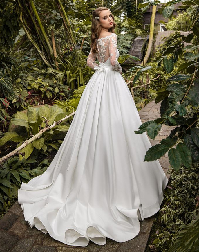 Long Sleeve Ivory Lace Satin Bridal Gown Cathedral Wedding Dress