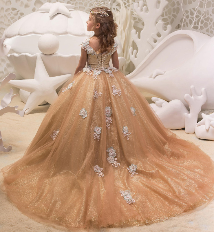 Gold Lace Tulle Flower Girl Dress Party Dress