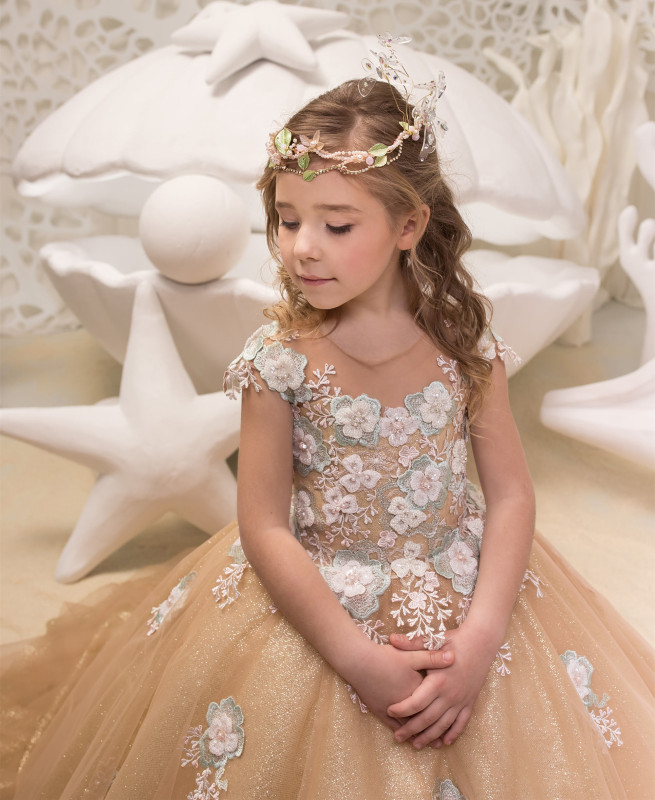 Gold Lace Tulle Flower Girl Dress Party Dress