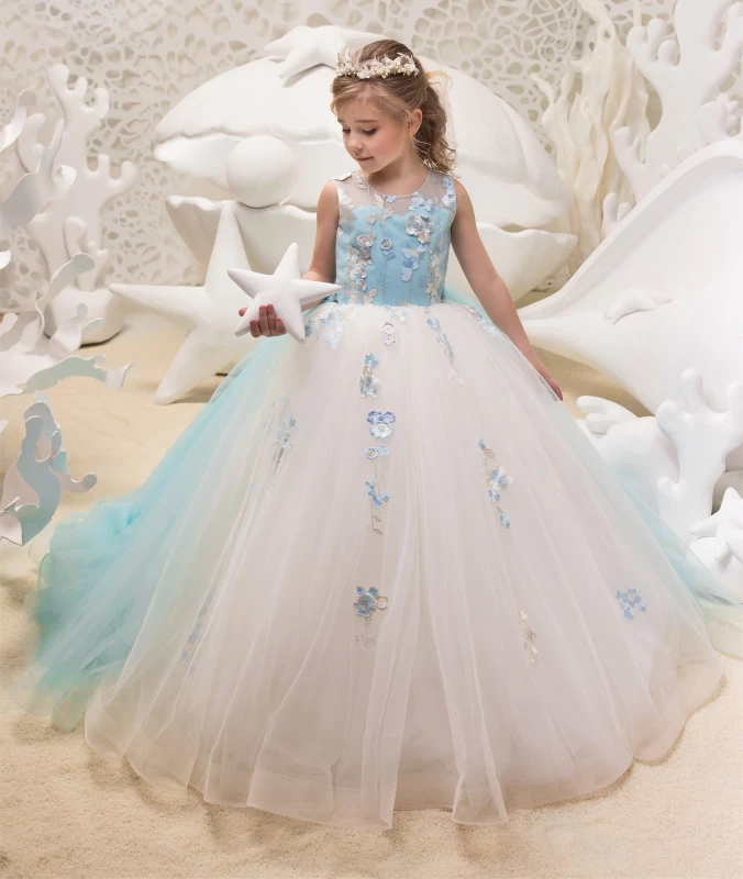 2 Pieces Ivory Blue Lace Tulle Flower Girl Dress Party Dress