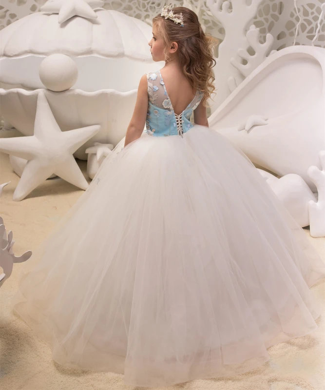 2 Pieces Ivory Blue Lace Tulle Flower Girl Dress Party Dress